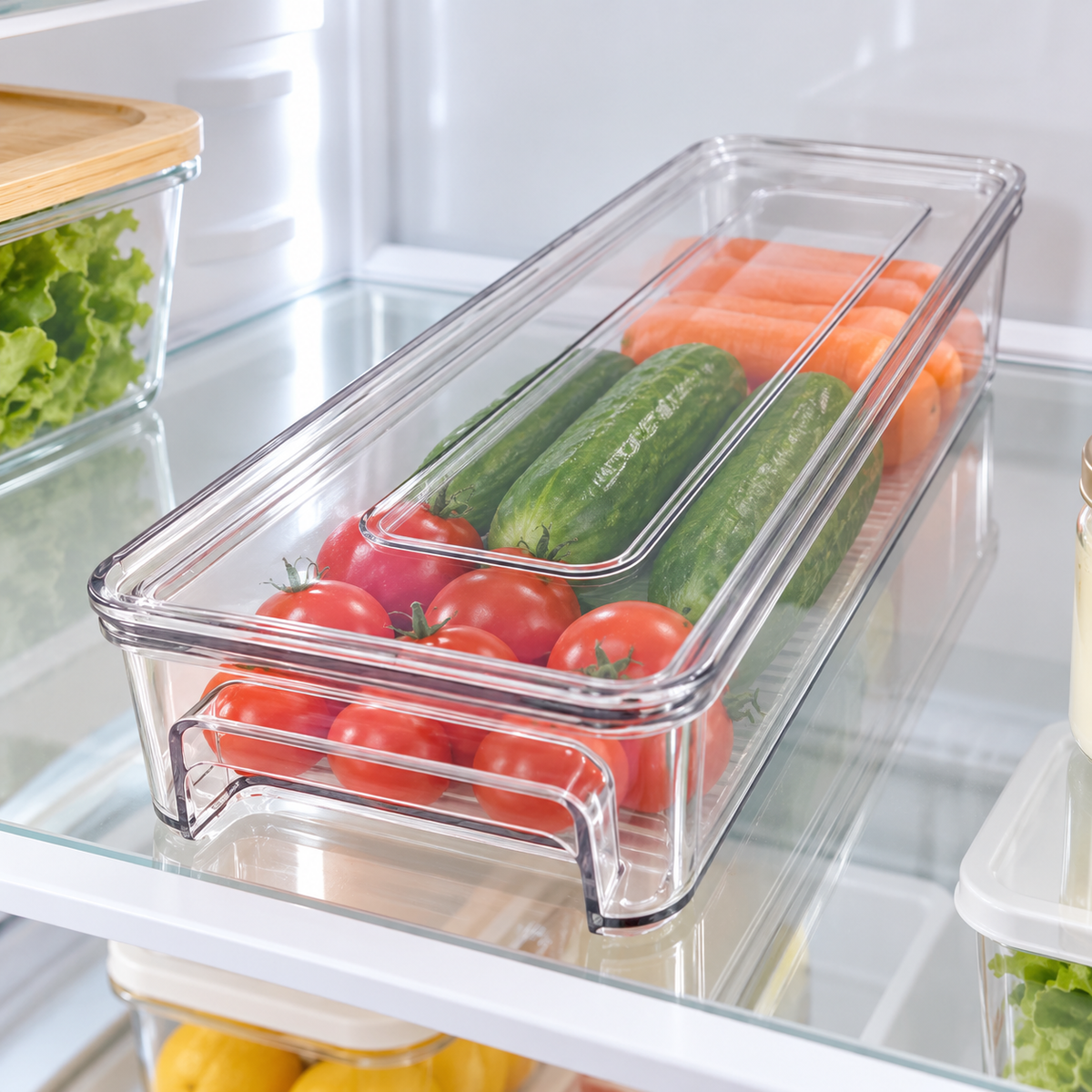 Slim Clear Refrigerator Storage Box with Removable Lid