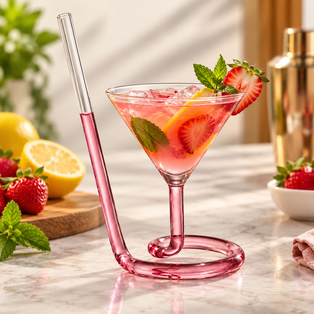 Spiral Drinking Glass with Integrated Glass Straw