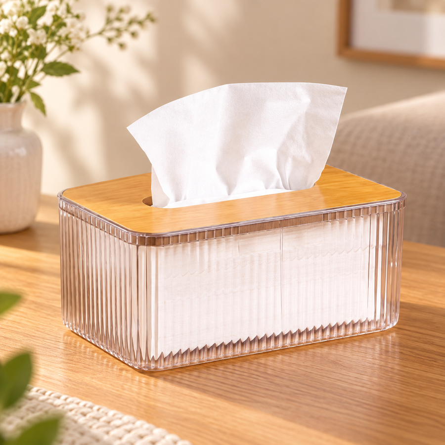 Spring-Lift Acrylic Tissue Box with Removable Wooden Lid