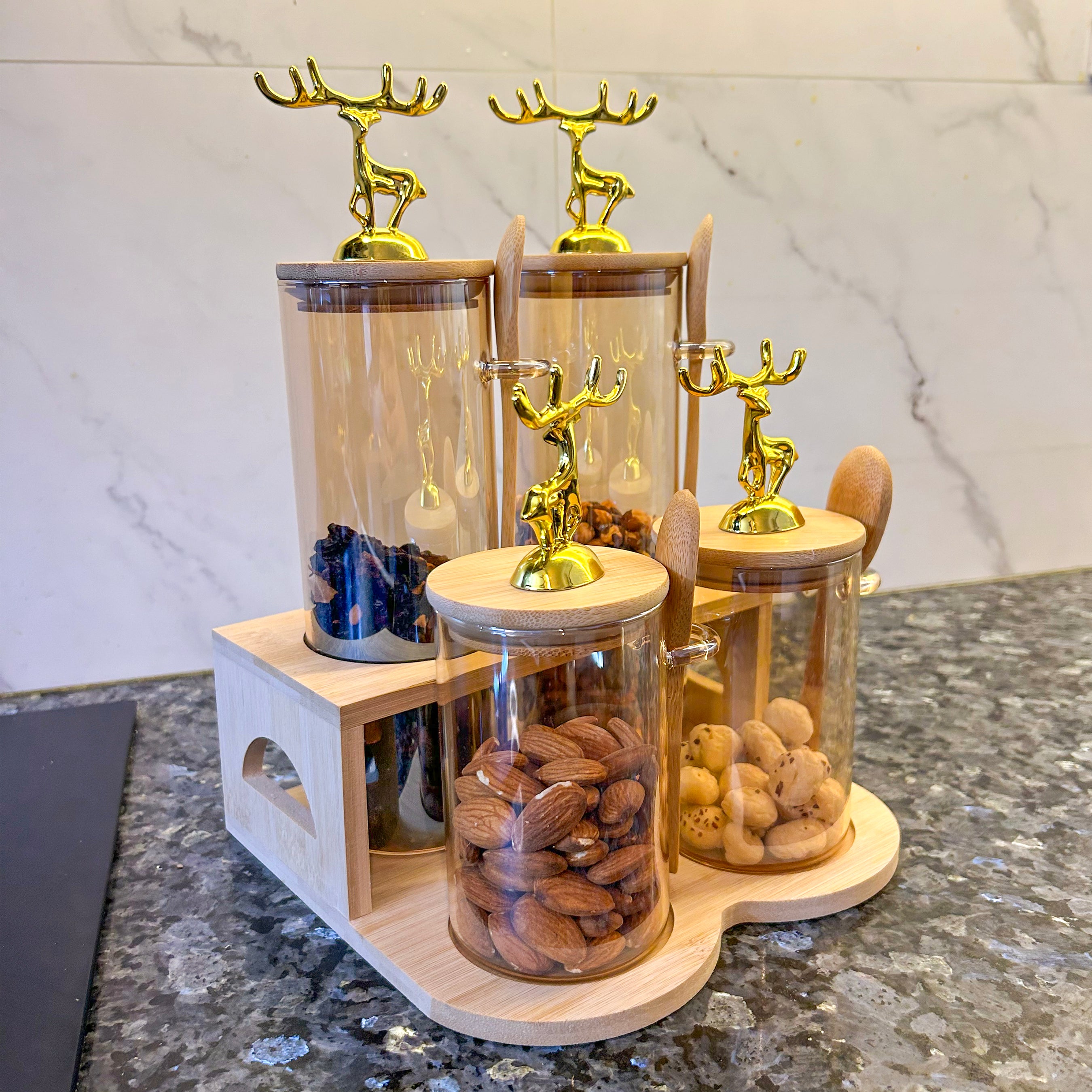 TintedGold 4-Pcs Airtight Storage Jars Set (1105) with Bamboo Spoon & Stand