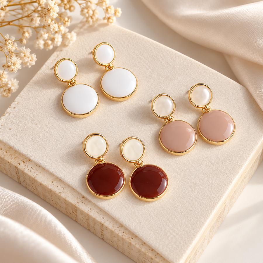 Two-Tone Double-Disc Drop Earrings with Gold-Tone Edging