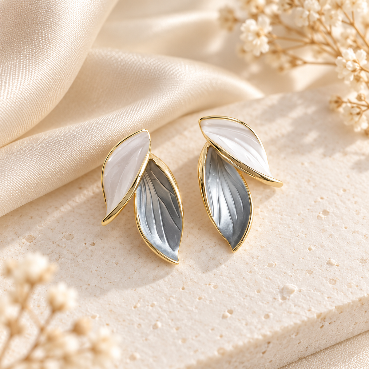 Two-Tone Double-Leaf Stud Earrings with Gold-Tone Edging