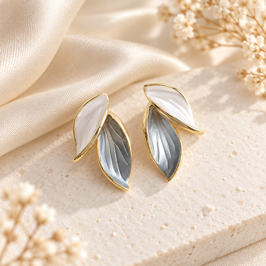 Two-Tone Double-Leaf Stud Earrings with Gold-Tone Edging