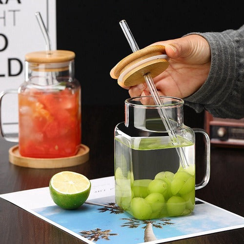 Transparent Airtight Jar-like Glass with Handle and Straw