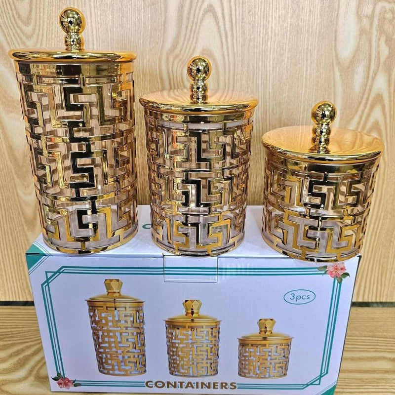 Deluxe Golden Airtight Storage Jars – Set of 3