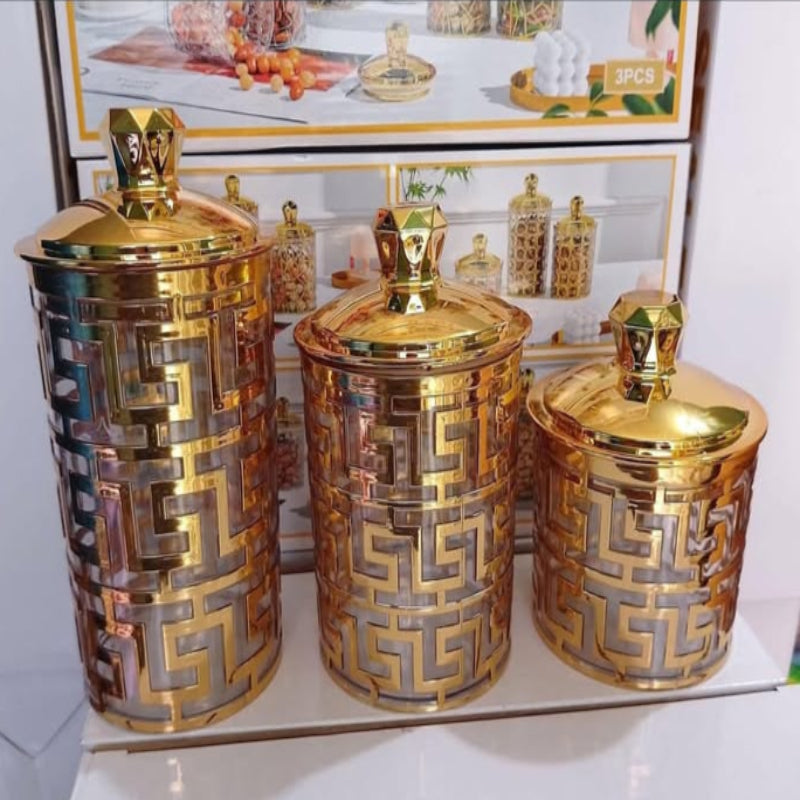 Deluxe Golden Airtight Storage Jars – Set of 3