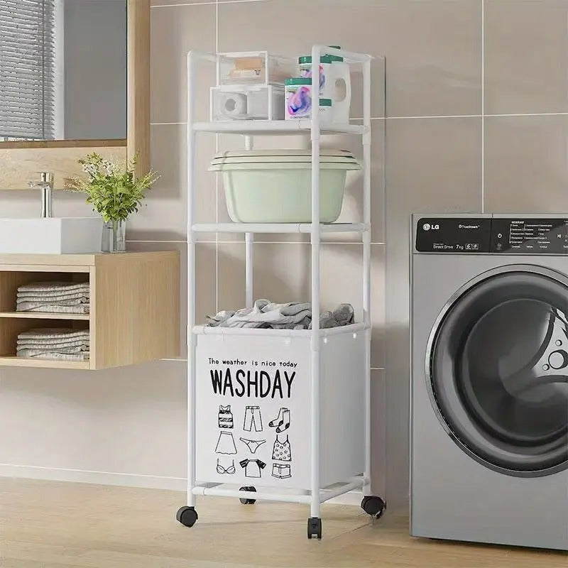 Rolling Laundry Cart with Foldable Hamper & Utility Shelves