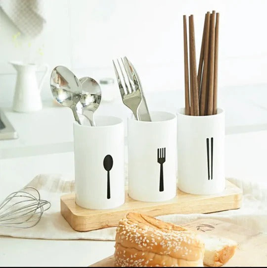 3-Piece Modern Utensil Holder with Wooden Display Tray