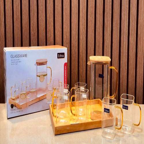 8Pcs Glass Pitcher Set with Wooden Lid & Tray