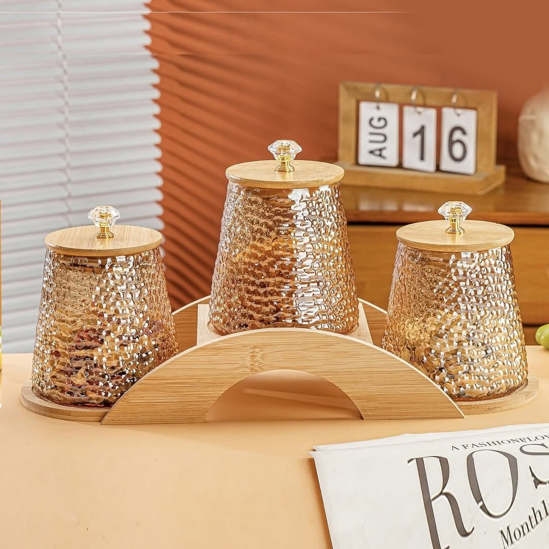 Decorative Bridge-Design Jar Trio with Natural Wooden Stand