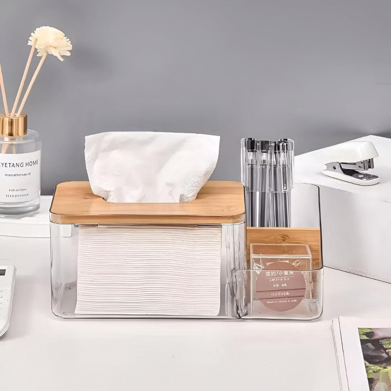 ClearView Wooden Lid Tissue Box with Dual Compartments