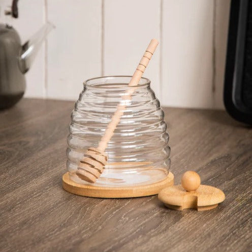 Honey Storage Glass Jar with Wooden Lid and Serving Tray