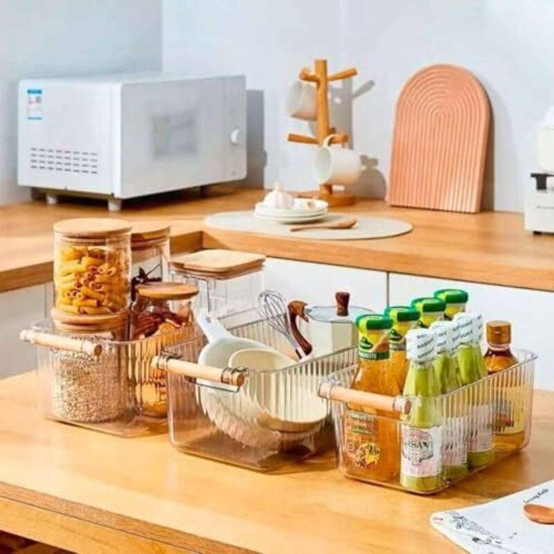 Modern Transparent Storage Bucket with Wooden handle