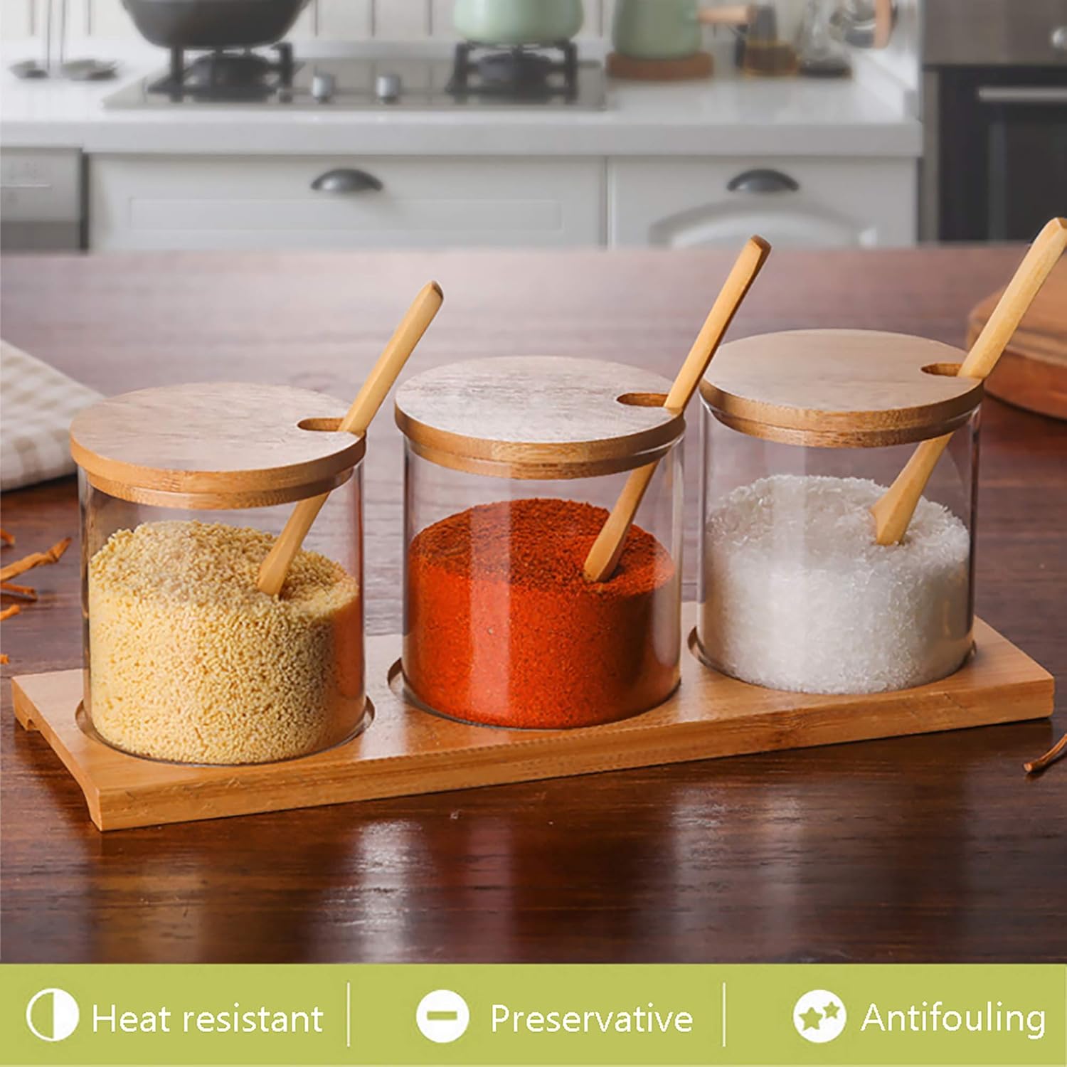 Luxurious Glass Spice Jar Set with Spoons, Wooden Lids, and Display Tray (Set of 3)