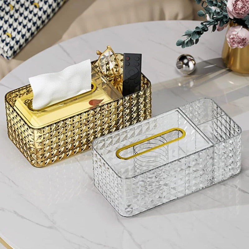 Diamond-Cut Spring-Rise Tissue Box with Dual Compartments