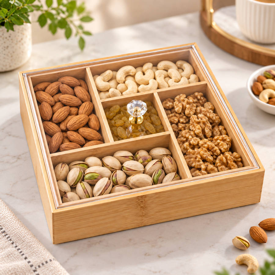 Wooden Dry Fruit Organizer with Transparent Lid & Compartments