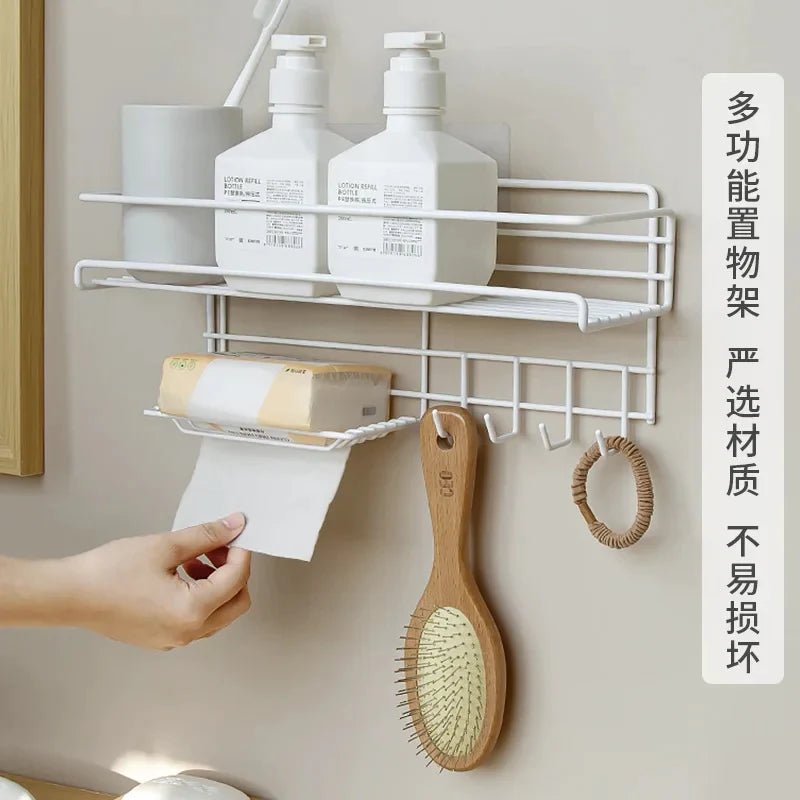 Bathroom Storage Shelf with Hooks and Soap Dish - All-In-One Store