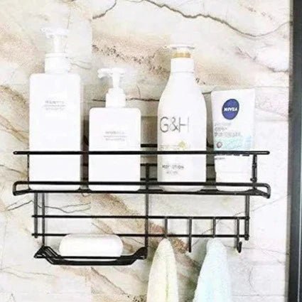 Bathroom Storage Shelf with Hooks and Soap Dish - All-In-One Store