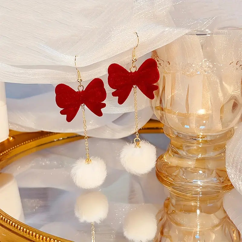 Velvet Bow & Fur Drop Earrings