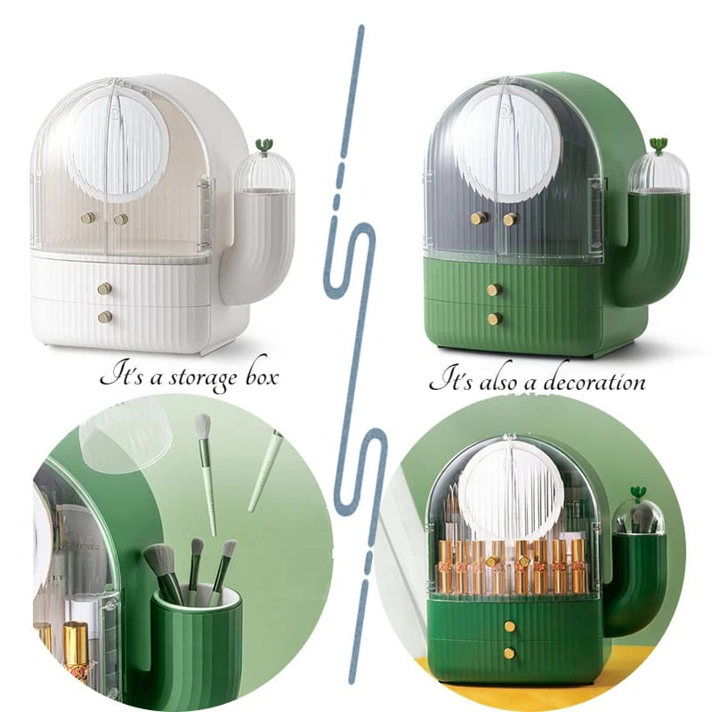 Cactus Cosmetic Organizer With LED Light With Mirror - All-In-One Store