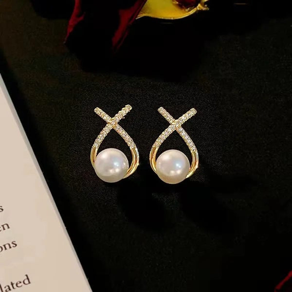Crystal X drop earrings with pearl - All-In-One Store