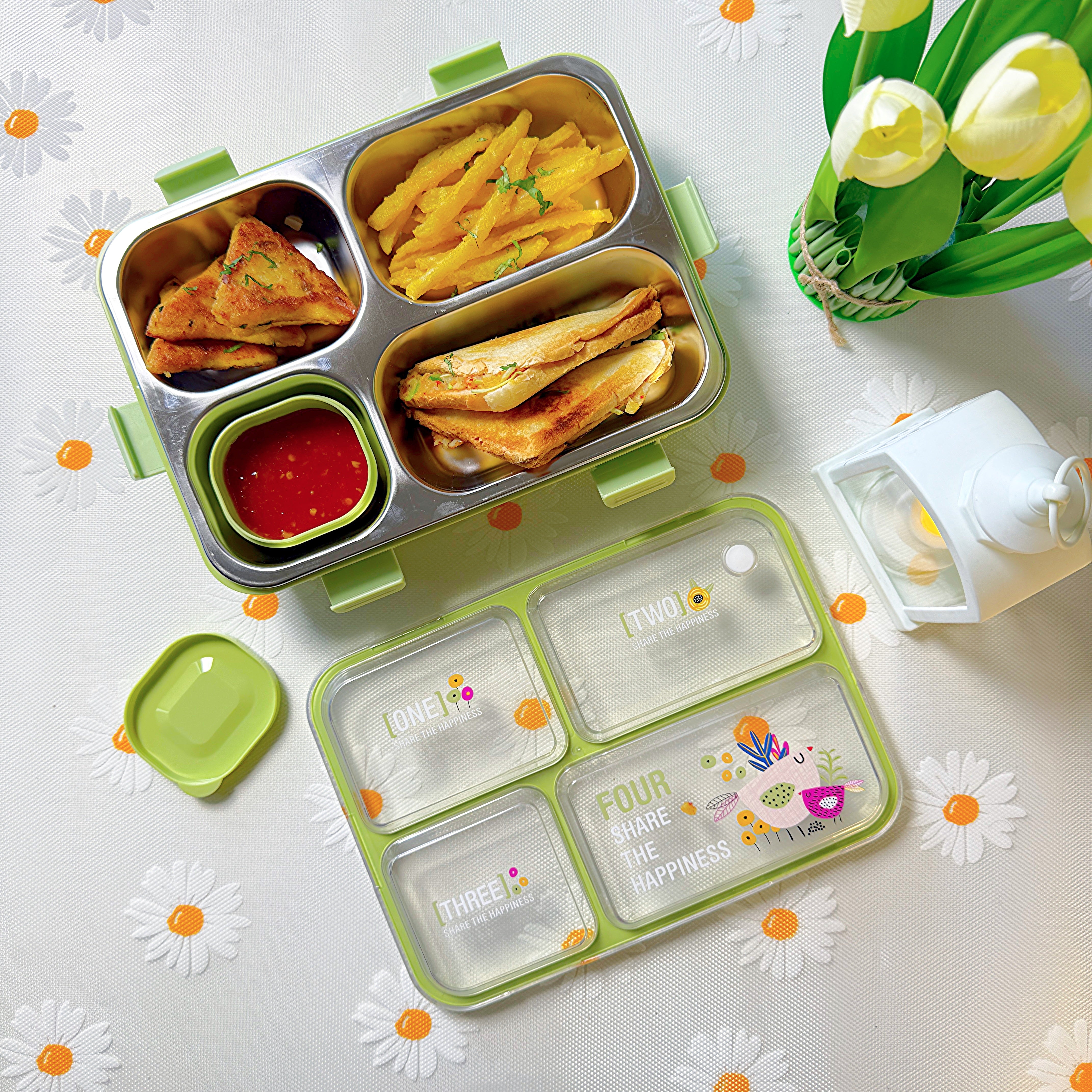 Modern Leakproof Stainless Steel (SUS304) Lunch box with Cutlery Grid & Sauce Compartment (7136)
