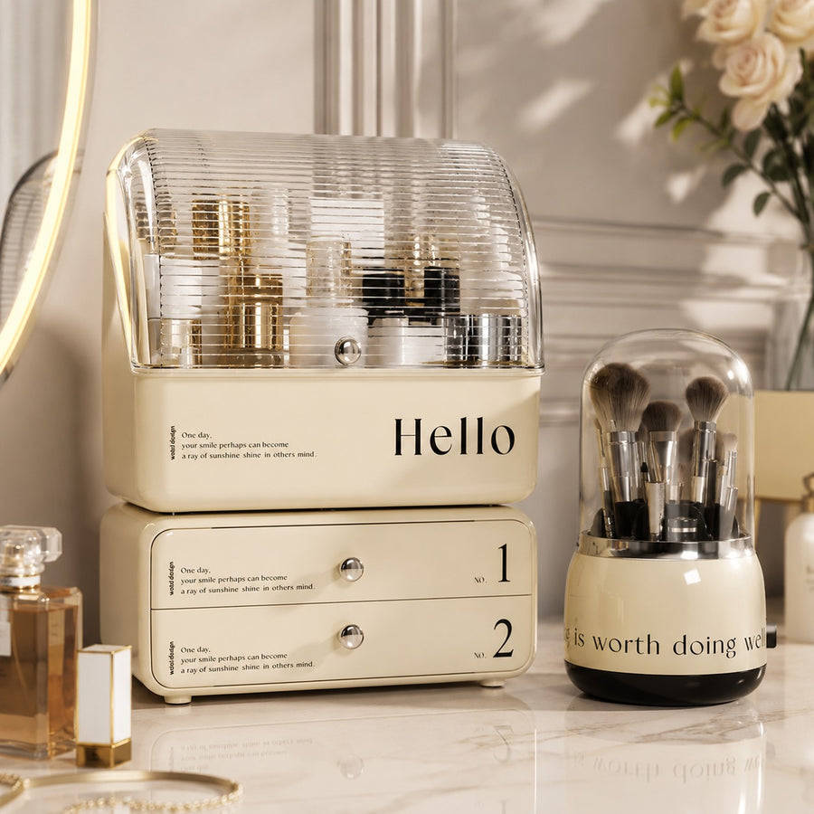 Exquisite Cosmetic Organizer with Dual Shelves and Brushes Holder