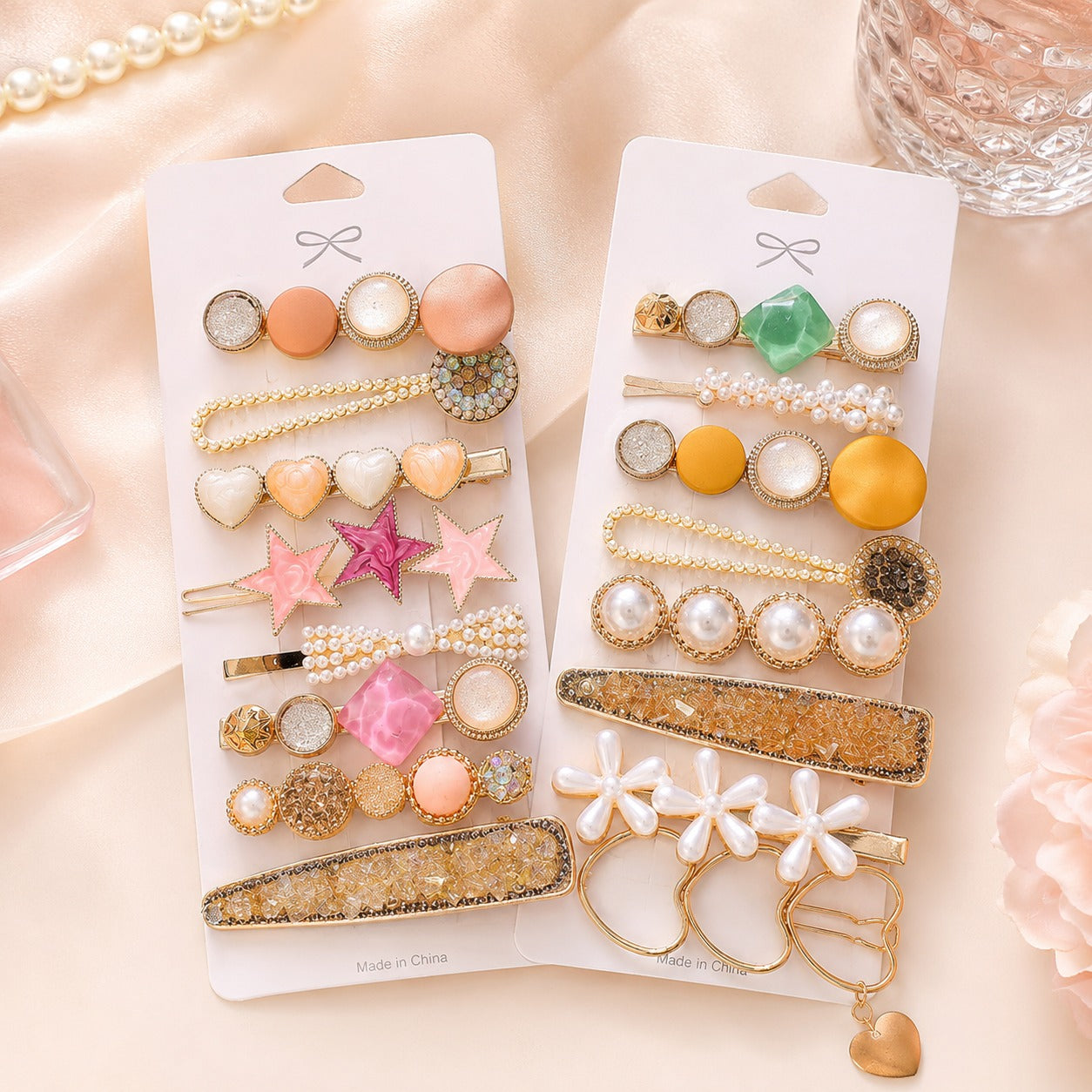 Premium Korean Crystal and Pearl Hairpins (Pack of 8)