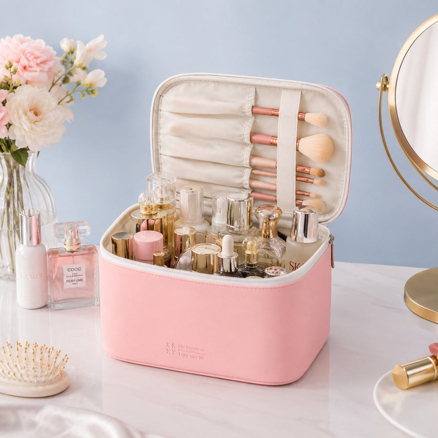 Travel Makeup Organizer Bag with Built-In Brush Storage