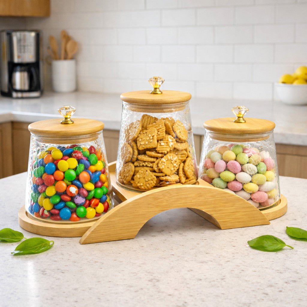 Decorative Bridge-Design Jar Trio with Natural Wooden Stand (1101)