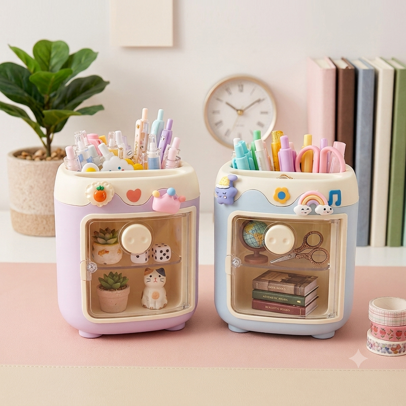 Cute 2-in-1 Desk Organizer with Pen Holder & Storage Cabinet