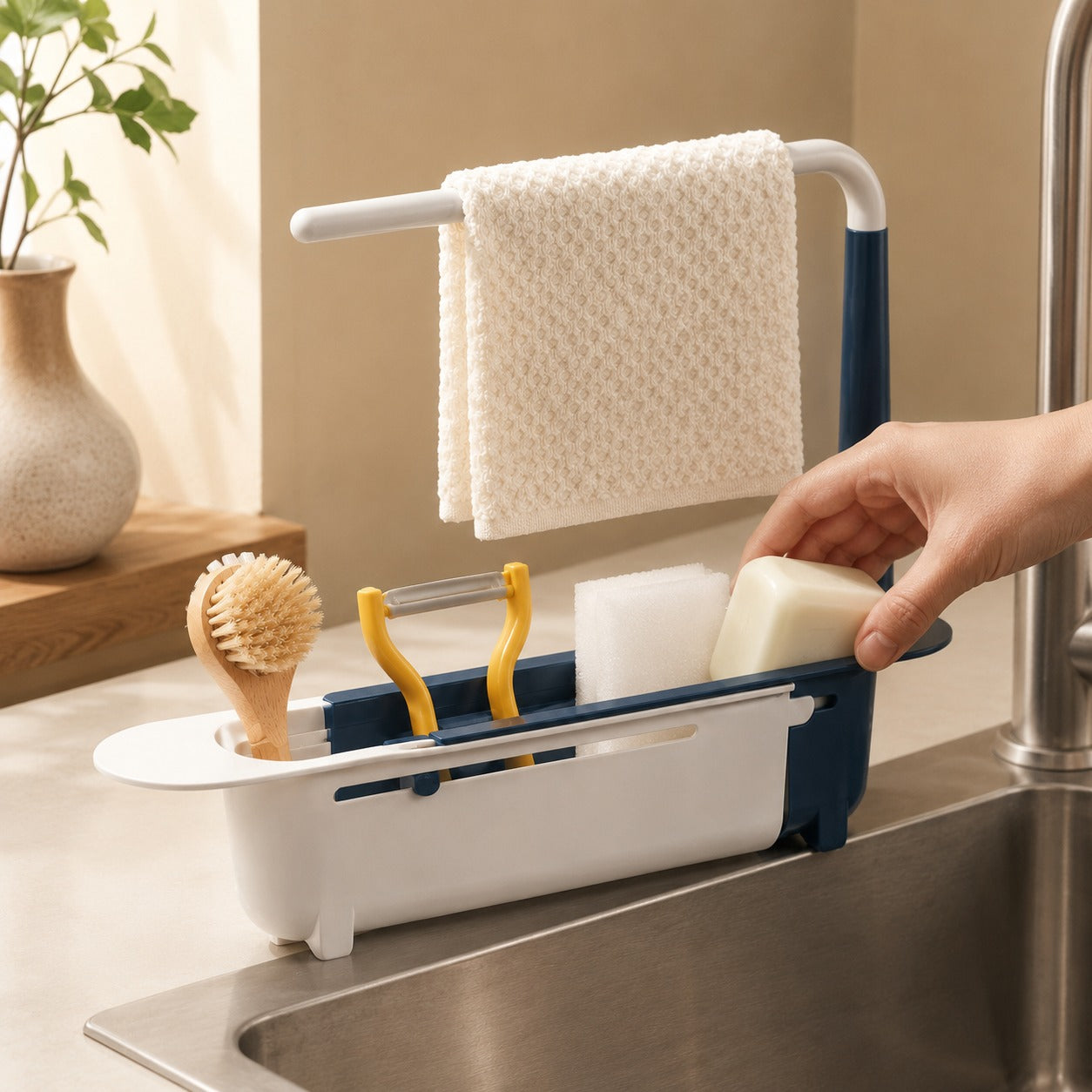 Adjustable Over-Sink Organizer Rack with Towel Bar