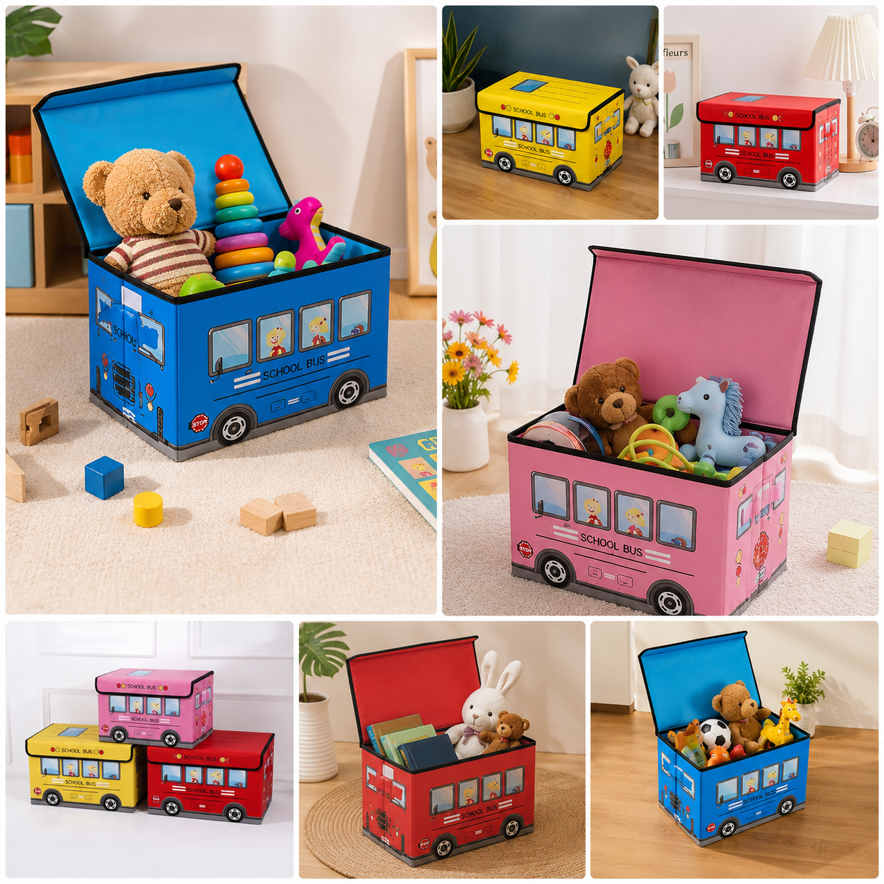 Fold-Flat School Bus Toy & Book Storage Box with Lid