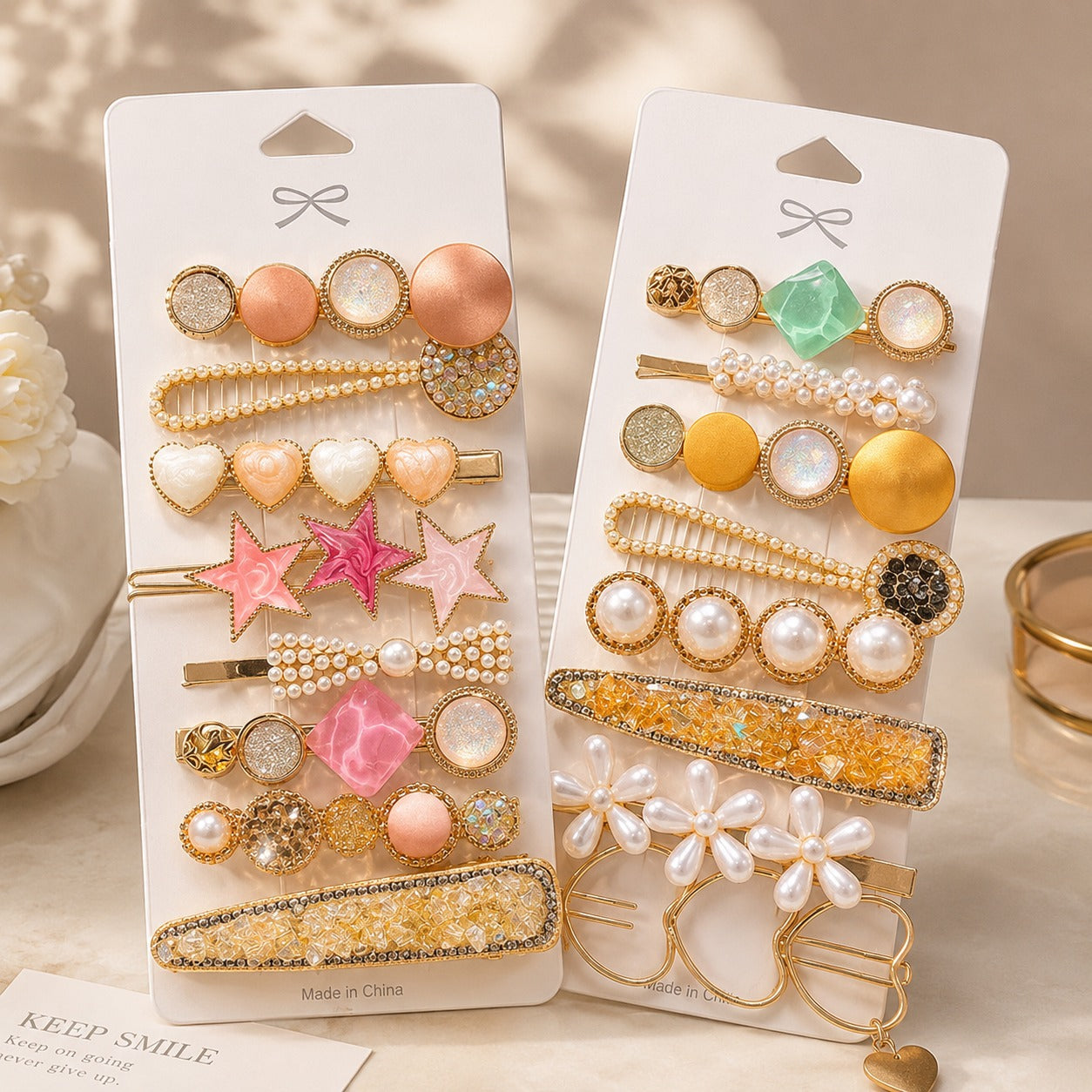 Premium Korean Crystal and Pearl Hairpins (Pack of 8)