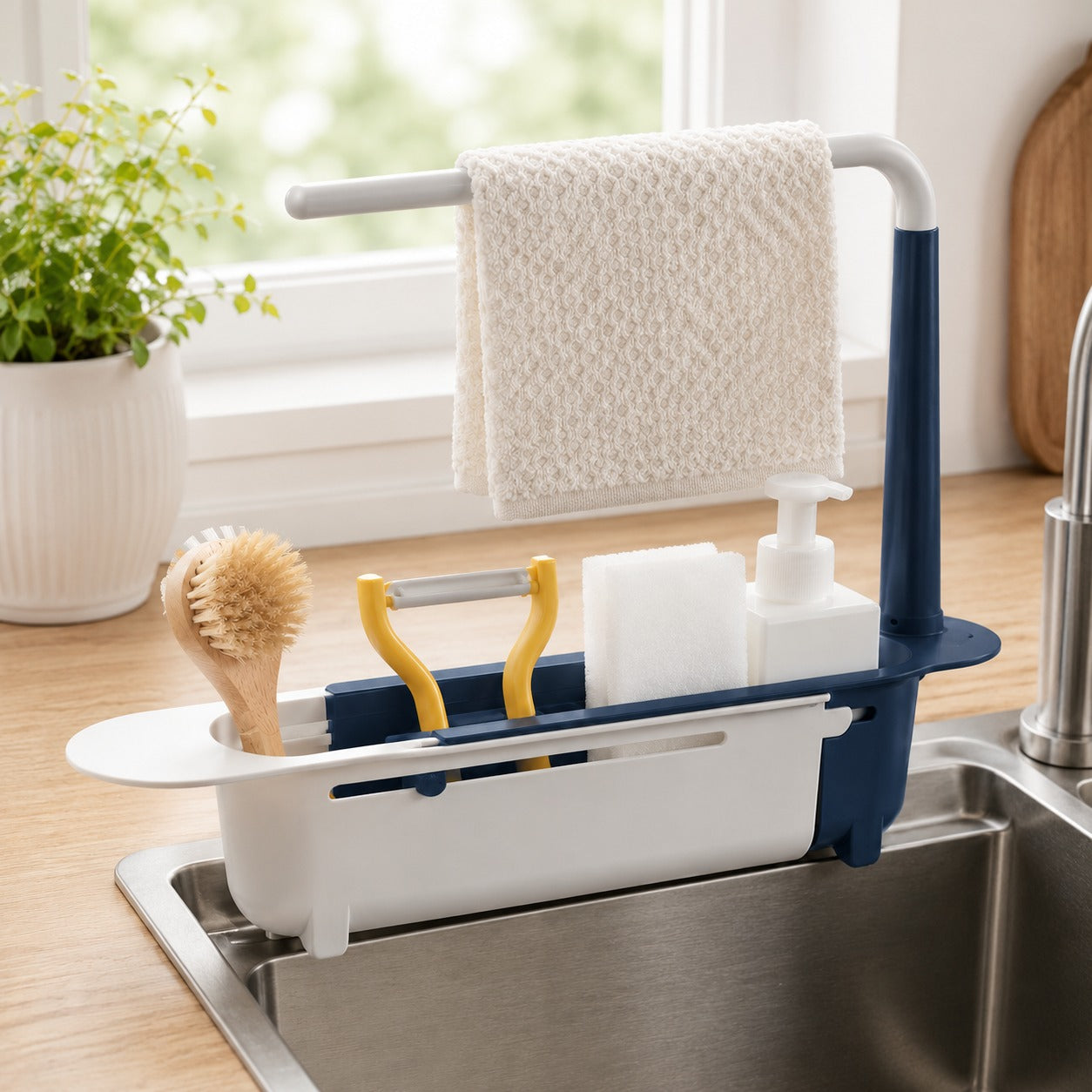 Adjustable Over-Sink Organizer Rack with Towel Bar