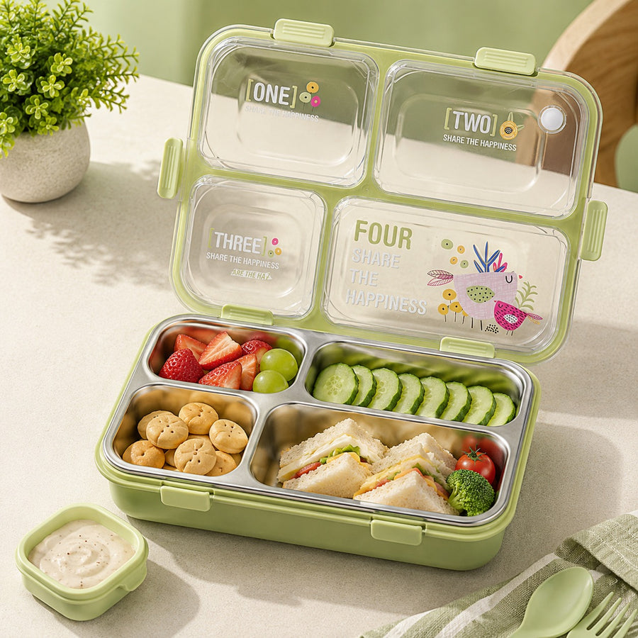 Modern Leakproof Stainless Steel (SUS304) Lunch box with Cutlery Grid & Sauce Compartment (7136)