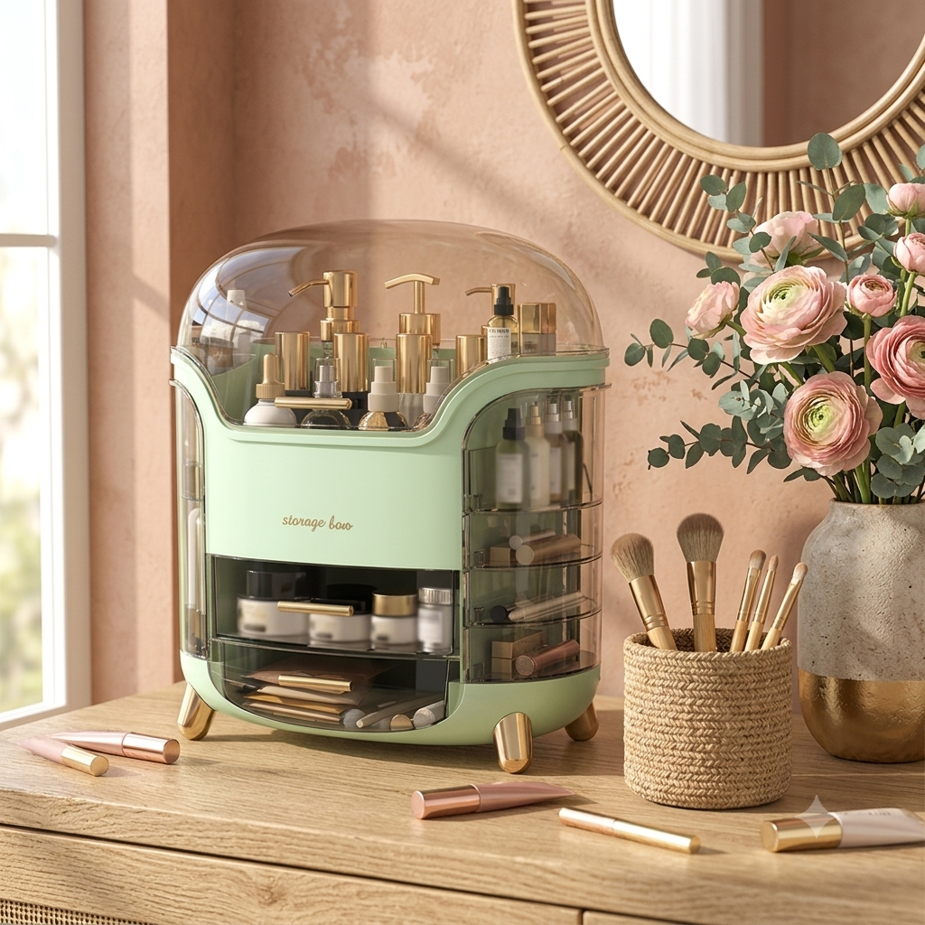 Luxury desktop Cosmetic Organizer with Dustproof Lid & Drawers