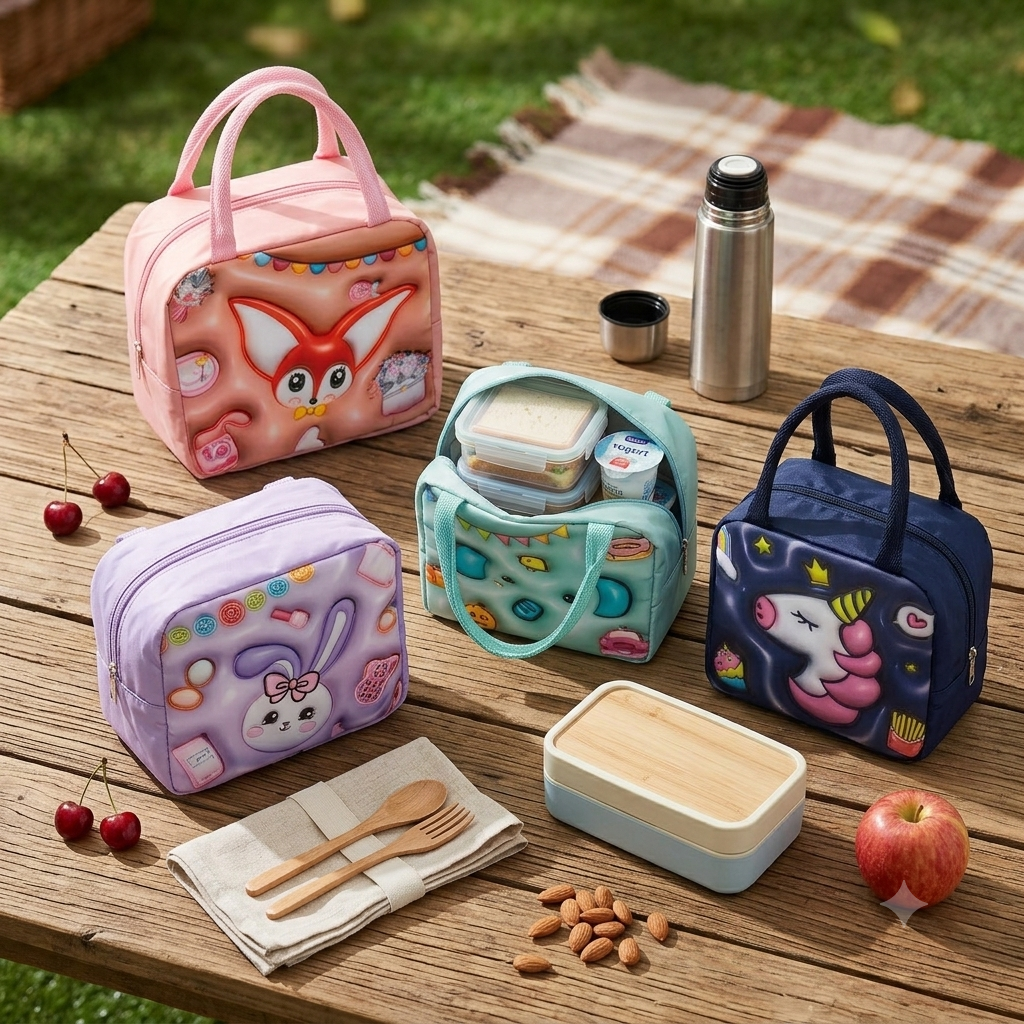 Kids' Foil-Lined Cartoon Lunch Bag with Carry Handles