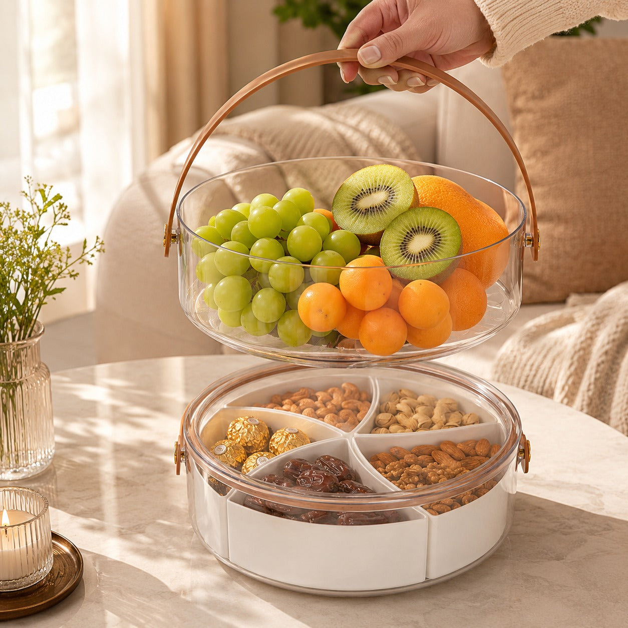 2-in-1 Carry & Serve Snack Bowl with Removable 5-Compartment Insert
