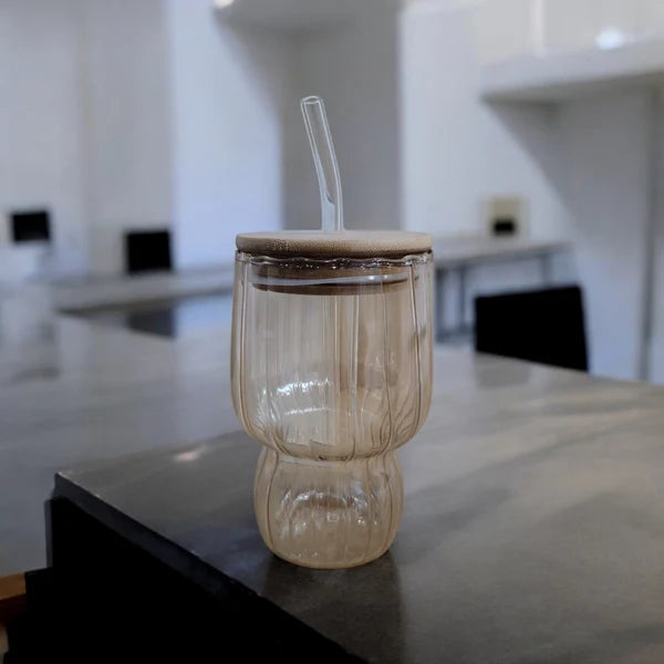 AmberRib Glass Cup with Wooden Lid