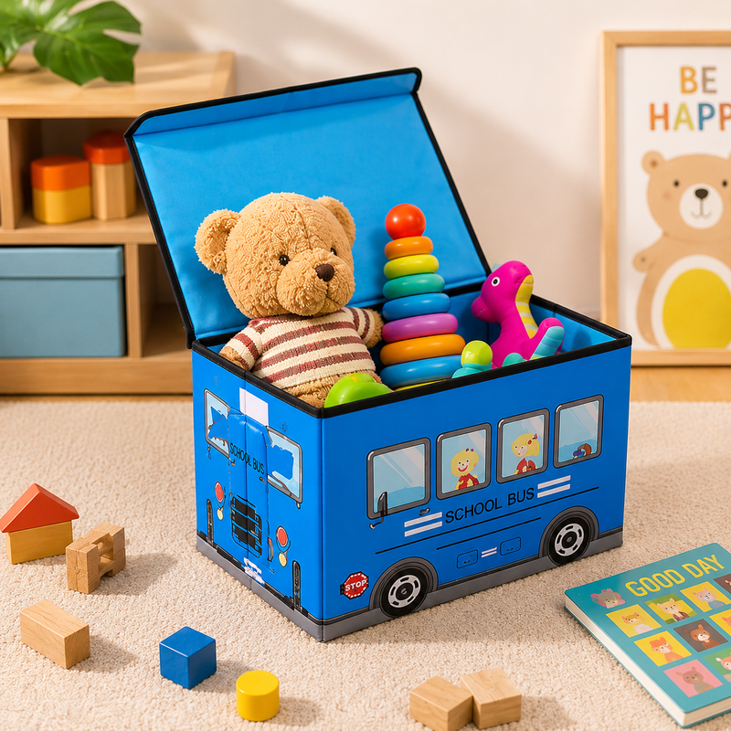 Fold-Flat School Bus Toy & Book Storage Box with Lid