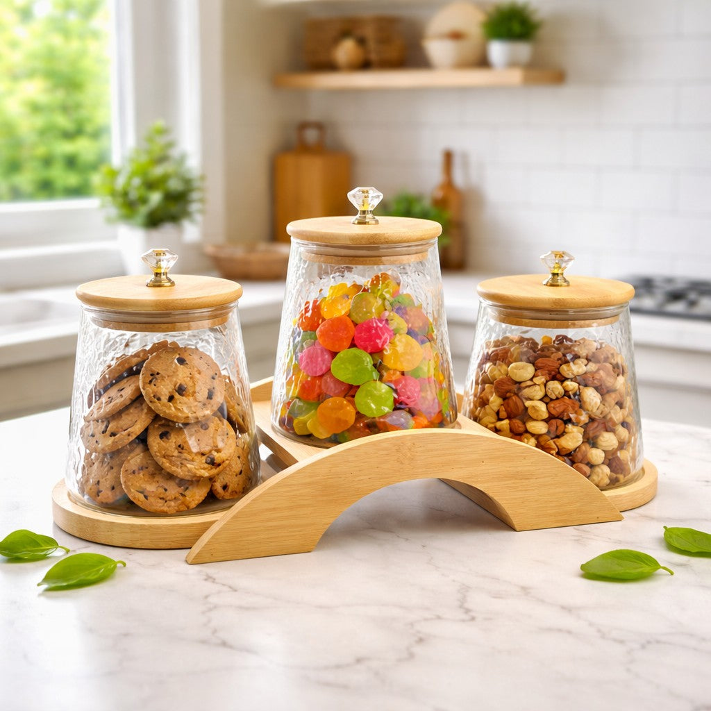 Decorative Bridge-Design Jar Trio with Natural Wooden Stand (1101)