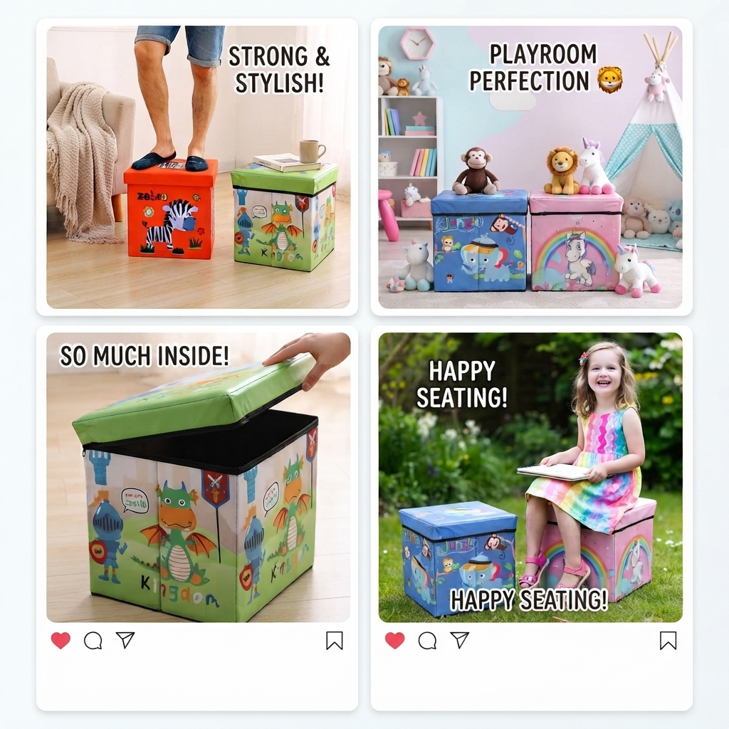 Foldable Kids’ Toy Storage Box & Seat with Cushioned Lid