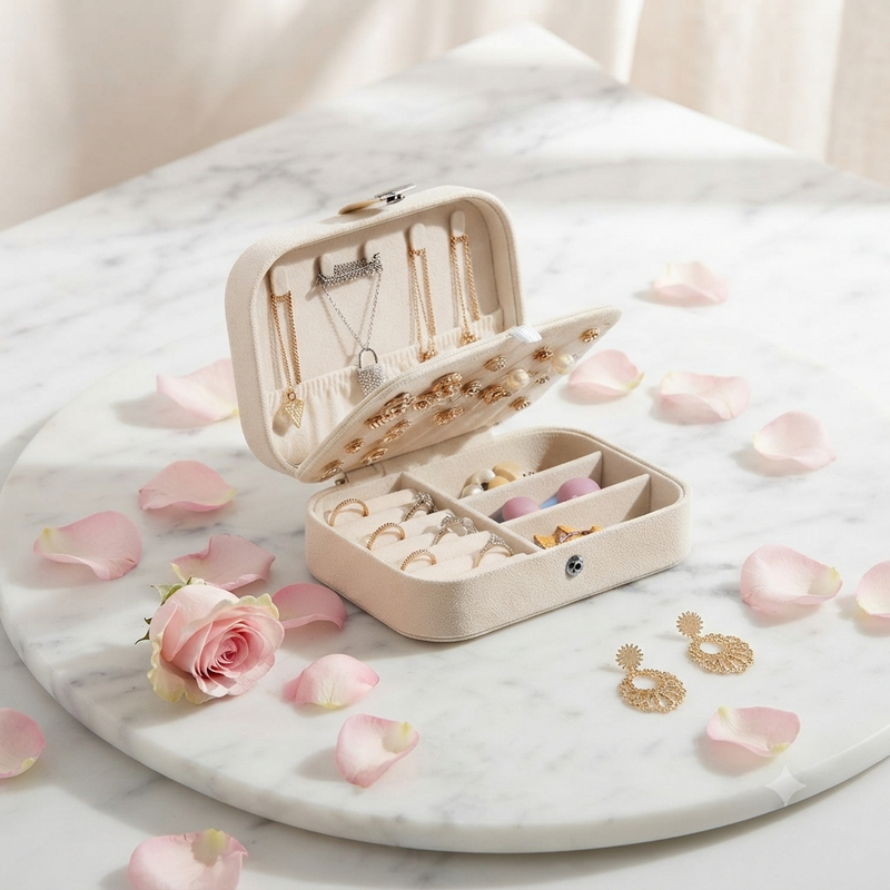 Compact Travel Jewellery Box with Necklace Hooks & Ring Slots