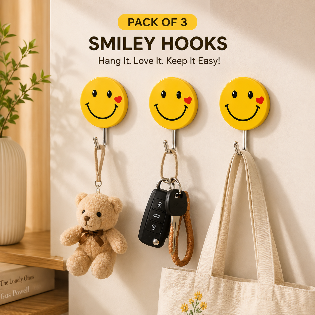 3-Piece Self-Adhesive Smiley Face Wall Hook Set